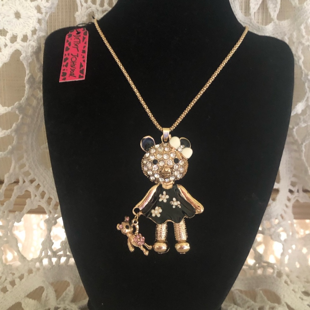 NWT Betsey Johnson Crystal Bear Pendant Necklace with Black Dress & Her Toy Bear